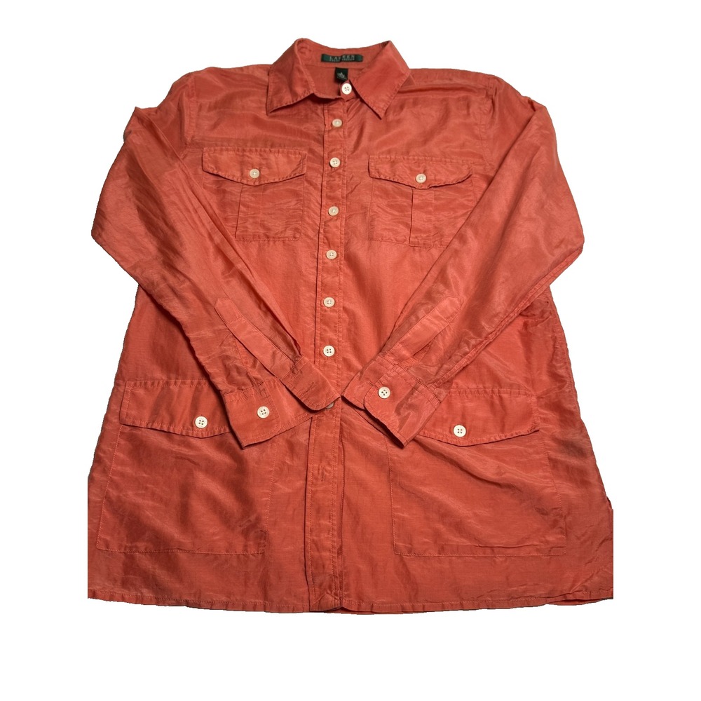 Lauren Ralph Lauren Orange Silk‎ blend Button Down long sleeve Top Size Small